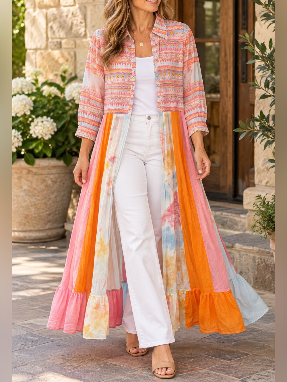 Fashion For You Boho Maxi Shirt Dress Duster Open Front Colorful India L-XL